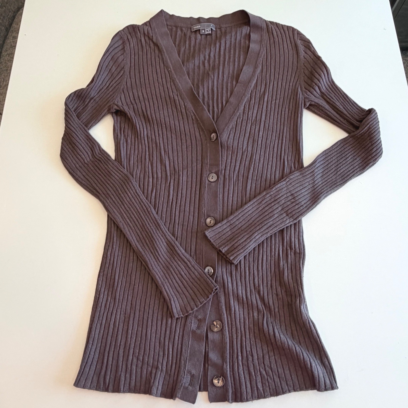 Vince Ribbed V-Neck Button Front Cardigan Sweater Dark Taupe Brown Small
